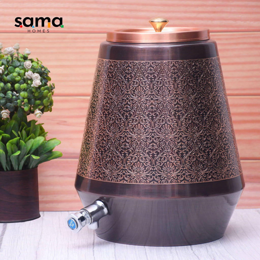 Pure Copper Water Dispenser Conical Antique Engraved Designed Capacity 8000 ML