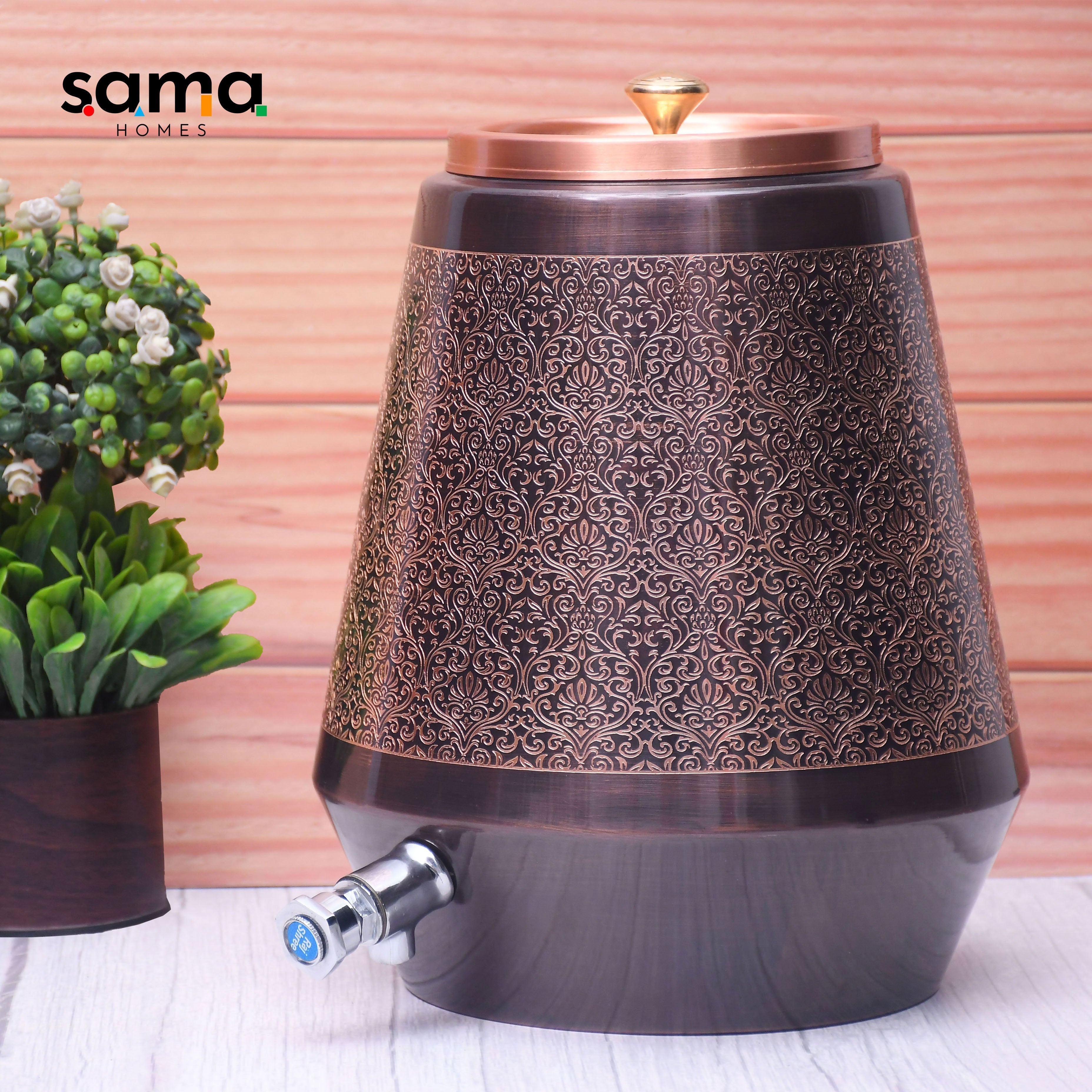 Pure Copper Water Dispenser Conical Antique Engraved Designed Capacity 8000 ML